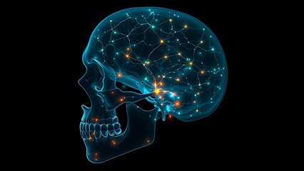 Bioluminescent neural networks pulsing inside a translucent human skull in darkness.