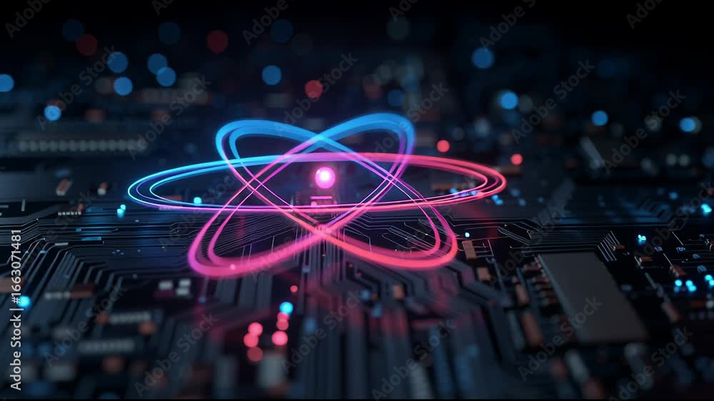 Poster explore the intersection of technology and science with a digital representation of atomic particles