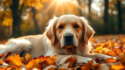 Golden retriever resting peacefully among autumn leaves, bathed in warm sunlight with a soft background.