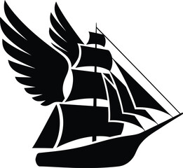 Dynamic mini sailing ship with a wing vector graphic design. A creative logo concept symbolizing fast travel, speed, and adventure. Ideal for a travel agency, shipping, or logistics brand.