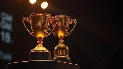 Golden trophy on a pedestal illuminated by a warm spotlight against a dark blurred background.