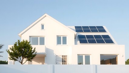 Modern white house with solar panels and clean design against a simple blue sky.
