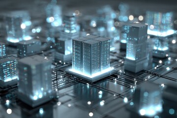 Glowing server towers on a circuit board, depicting a data center