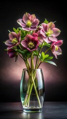 Obraz premium Dark glass vase filled with hellebores blooms against a sleek black canvas background
