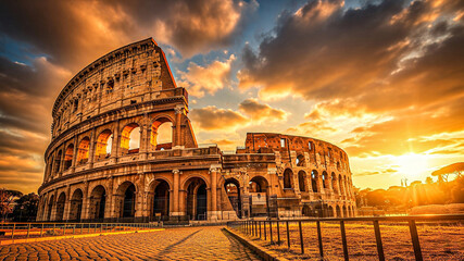 Majestic Colosseum at Sunrise: Golden Hour Roman Architecture, Dramatic Sky