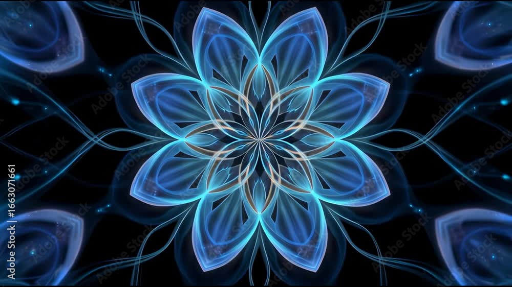 Poster blue glowing abstract flower with symmetrical petals and intricate fractal pattern featuring translu