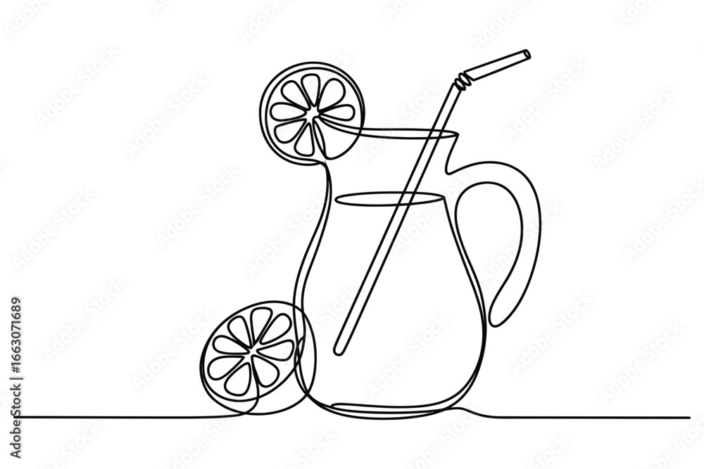 Poster continuous line drawing of a pitcher of lemonade with lemon slices and straw