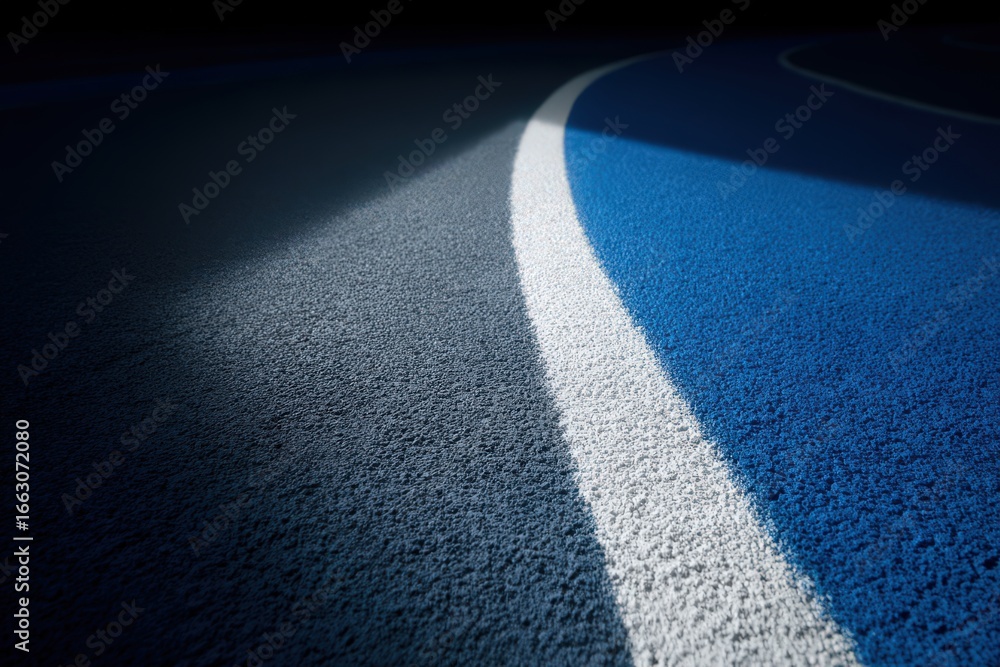 Poster the dynamic perspective of a running track with a vivid blue surface, emphasizing the sleek curvatur