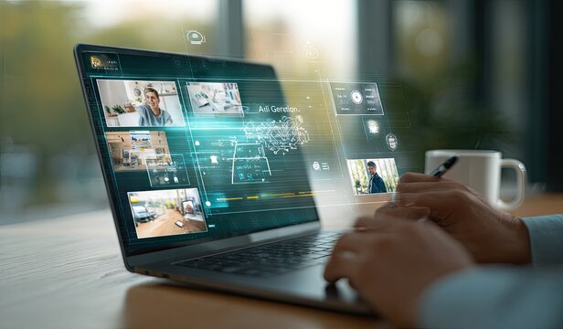 Person using laptop with multiple video feeds and data visualizations displayed on screen
