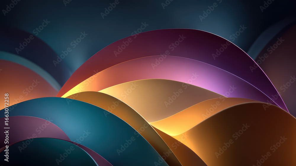 Aufkleber abstract background with layered paper waves in teal, purple, and gold tones, creating a dynamic and