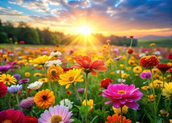 Fototapeta premium Vibrant colorful flowers blooming in a field from high above with warm sunlight filtering through
