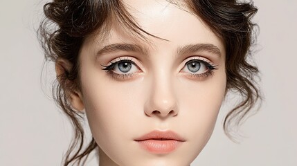 Close-up portraits of women with medium-length hair, soft pink lips, radiant ochre complexion; Highlight facial details, emphasizing natural beauty and subtle makeup features.