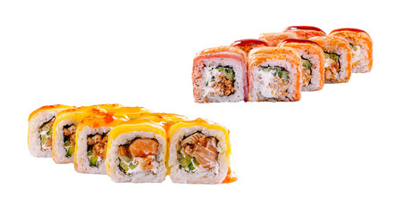 Sushi rolls displayed on a clean, white background ready for enjoyment