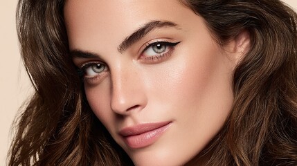Fototapeta premium Close-up portraits of women with medium-length hair, soft pink lips, radiant ochre complexion; Highlight facial details, emphasizing natural beauty and subtle makeup features.