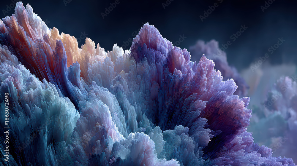Poster abstract colorful landscape background with fractal elements, 3d rendered terrain with peaks and val