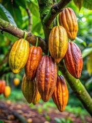 A bunch of ripe cacao pods hanging from the branches of a tree in the jungle