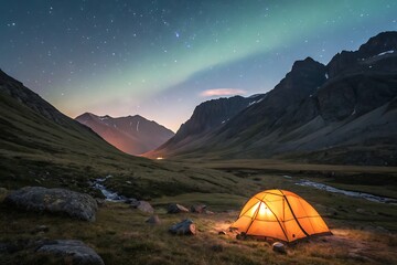 Serene Mountain Landscape with Illuminated Tent Under a Starry Night Sky and Northern Lights