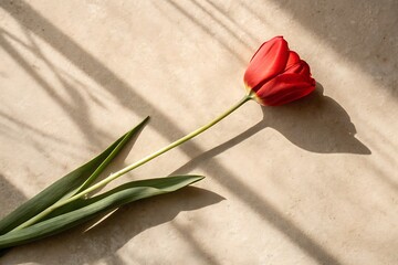 Single vibrant red tulip with green leaves casting soft shadows on light-colored surface