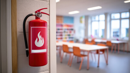 Red fire extinguisher mounted on wall in bright classroom, symbolizing school safety, emergency preparedness and fire protection in educational environments.