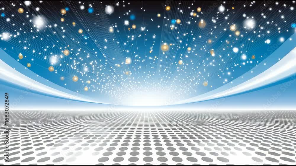Poster abstract digital background featuring glowing particles and geometric shapes floating above dotted s