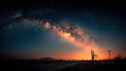 Dramatic Milky Way Over Desert Landscape at Sunset, Featuring Saguaro Cactus Silhouettes, Mountain Range, and a Vibrant Starry Sky with Orange and Teal Hues, Creating a Sense of Wonder and Awe
