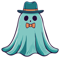 Obraz premium Cartoon ghost wearing a hat and bow tie for Halloween, cute and funny character concept in turquoise color