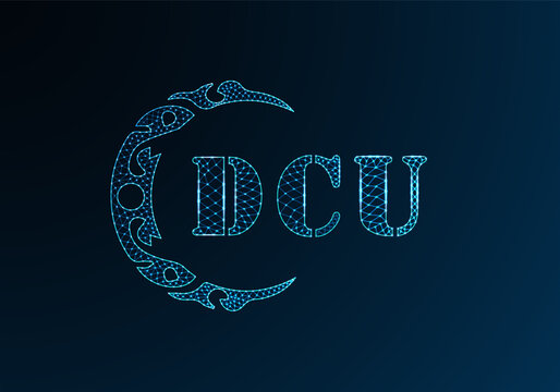 Low poly letter logo DCU design. DCU letter logo low poly vector design on blue color gradient background. DCU logo low poly design