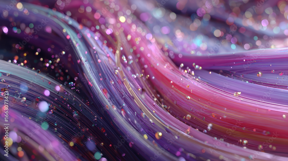 Poster abstract background with flowing purple and pink lines and glittering bokeh, modern art design with 