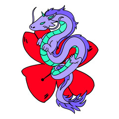 Colorful Pastel Dragon Illustration, Japanese Mythical Creature with Flower
