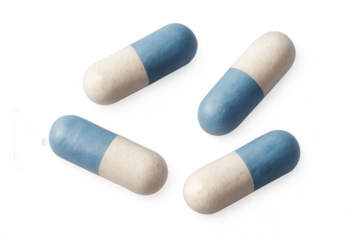 Medicine capsules falling dynamically, showcasing blue and white colors against transparent backdrop, representing pharmaceutical design and healthcare concept