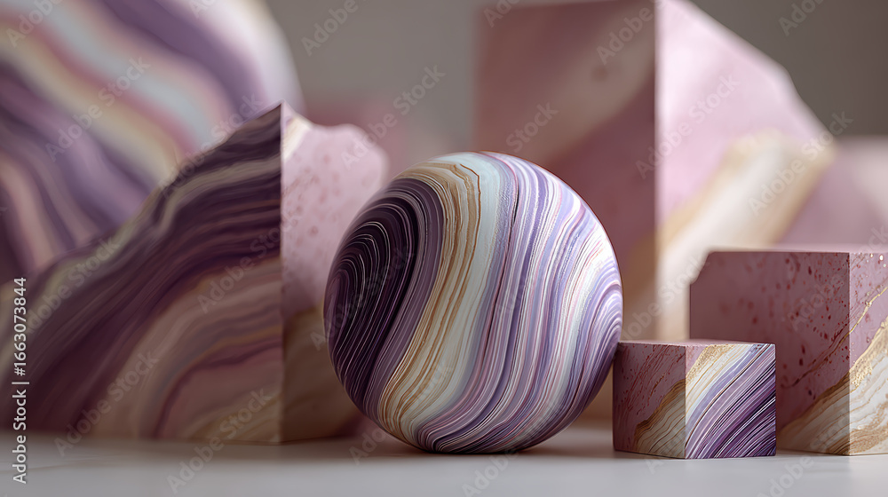 Poster abstract still life with geometric shapes in pastel colors: sphere, cubes, and angular forms with sw