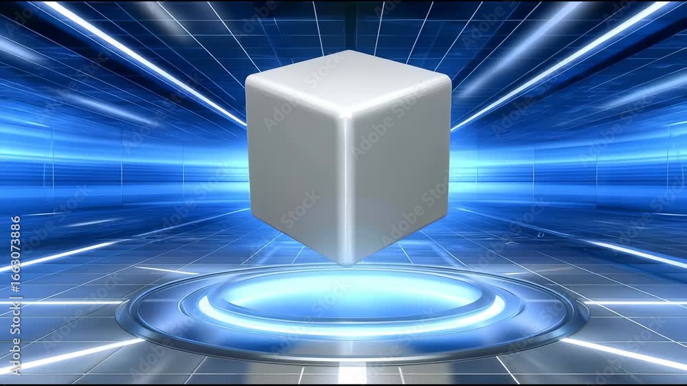 Poster futuristic glowing blue cube floating above digital platform with light grid lines and modern techno