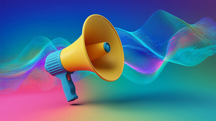 A stylized megaphone icon emitting abstract sound waves, combining bold shapes and vibrant  blue colors for a modern, dynamic visual effect.