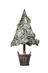 Obraz premium Conceptual money tree made of one hundred dollar banknotes in a wicker basket, symbol of wealth, financial growth, investment and prosperity, isolated on transparent background.