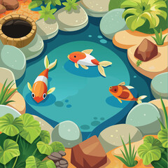 Peaceful fish pond surrounded by smooth stones vector art illustration
