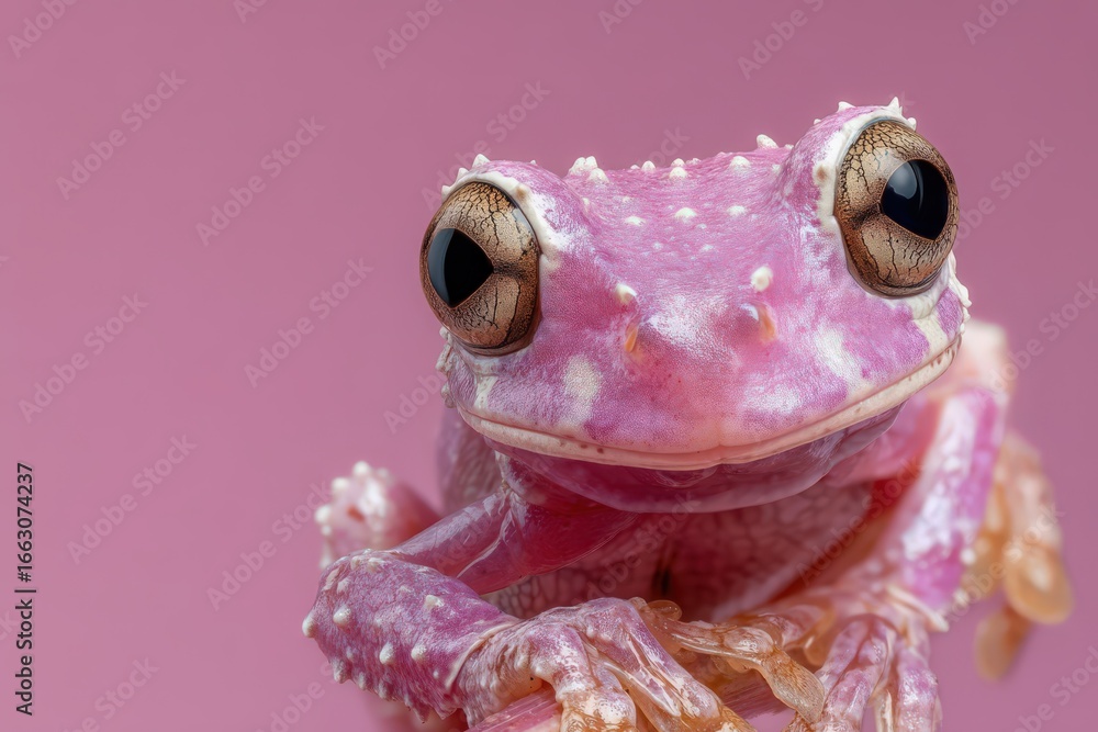 Poster captivating portrait of a pink-hued frog resting against a soft pastel background highlighting its i