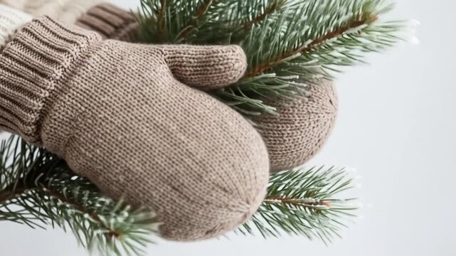 Hand in mitten holding pine branch