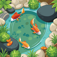 Peaceful fish pond surrounded by smooth stones vector art illustration