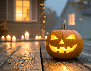 Fototapeta premium Spooky Halloween Jack-o'-lantern glowing at night. Carved pumpkin decoration on a wooden porch with a house in the background. Autumn holiday and horror concept. Generative AI