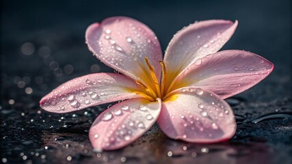 A pink plumeria flower with water droplets on its petals and dark background