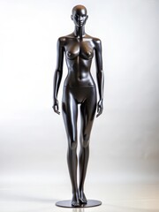 Black female mannequin stands upright on a white surface with an aura of serenity and poise