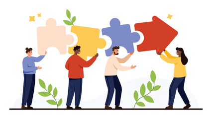 Group of diverse people connecting colorful puzzle pieces forming an arrow symbolizing teamwork progress cooperation and problem solving isolated on white background vector illustration