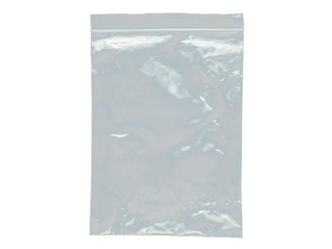 Transparent zip lock plastic bag isolated on white background, empty clear pouch packaging mockup, resealable poly bag for storage, food, cosmetics, retail, pharmacy, ecommerce design template PNG