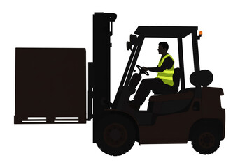 A silhouetted forklift operator in a safety vest lifting a large box on a pallet in a warehouse