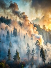 Foggy morning atmosphere with smoke rising from a forest fire