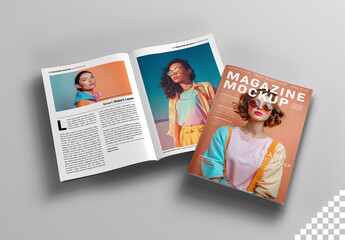 Floating Magazine Cover and Open Magazine Mockup On White Background
