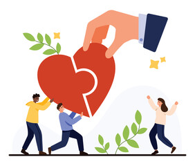 People collaborating to assemble a heart-shaped puzzle symbolizing charity, support, and community involvement with green leaves and positive emotions isolated on white background vector illustration