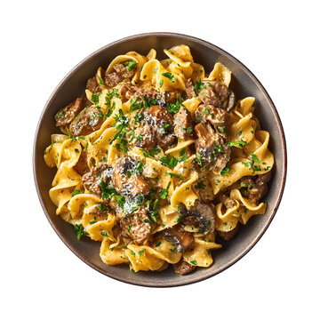 Delicious Mushroom and Egg Noodle Dish Served in a Bowl Against transparent backdrop