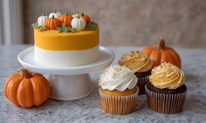 pumpkin themed cake and cupcakes