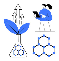 Scientist analyzing data on tablet beside a plant in a laboratory flask symbolizing growth and sustainability, molecular structure showcasing innovation. Ideal for science, research, sustainability